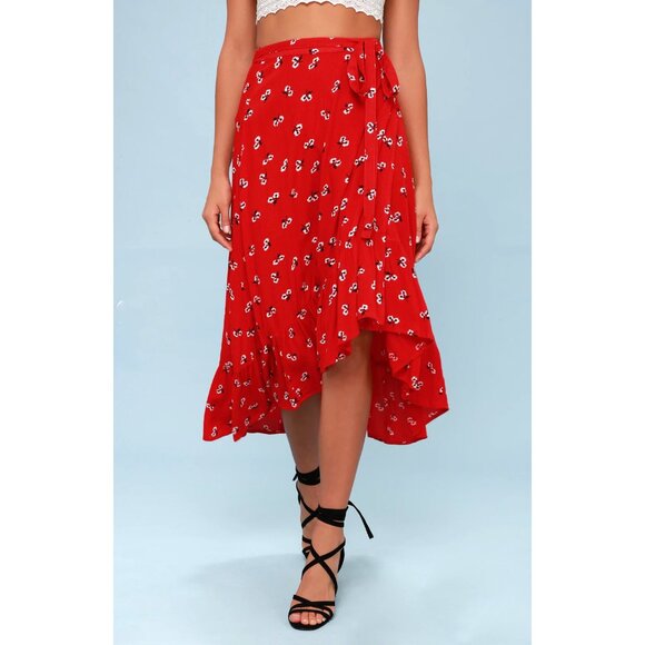 Billabong Dresses & Skirts - BILLABONG "Dancing Til Dawn Red" Floral Print Midi Wrap Boho Beach Skirt M